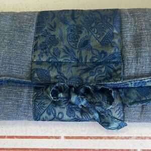 Blue Quilted Knitting Needle Clutch with Tone on Tone Floral Accent